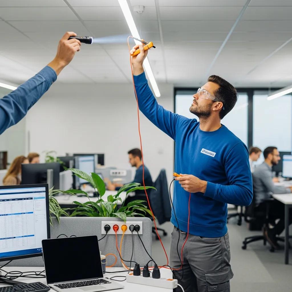 Electrician Inspecting Office Electrical Systems In Brisbane — Focused On Safety And Efficiency